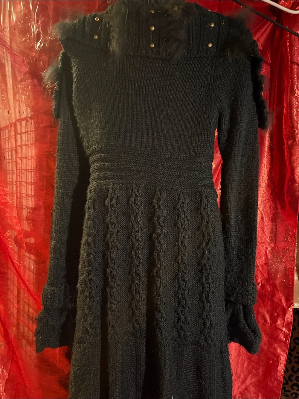 Black Faux-Fur Trim Knit Cardigan Sweater with Belt